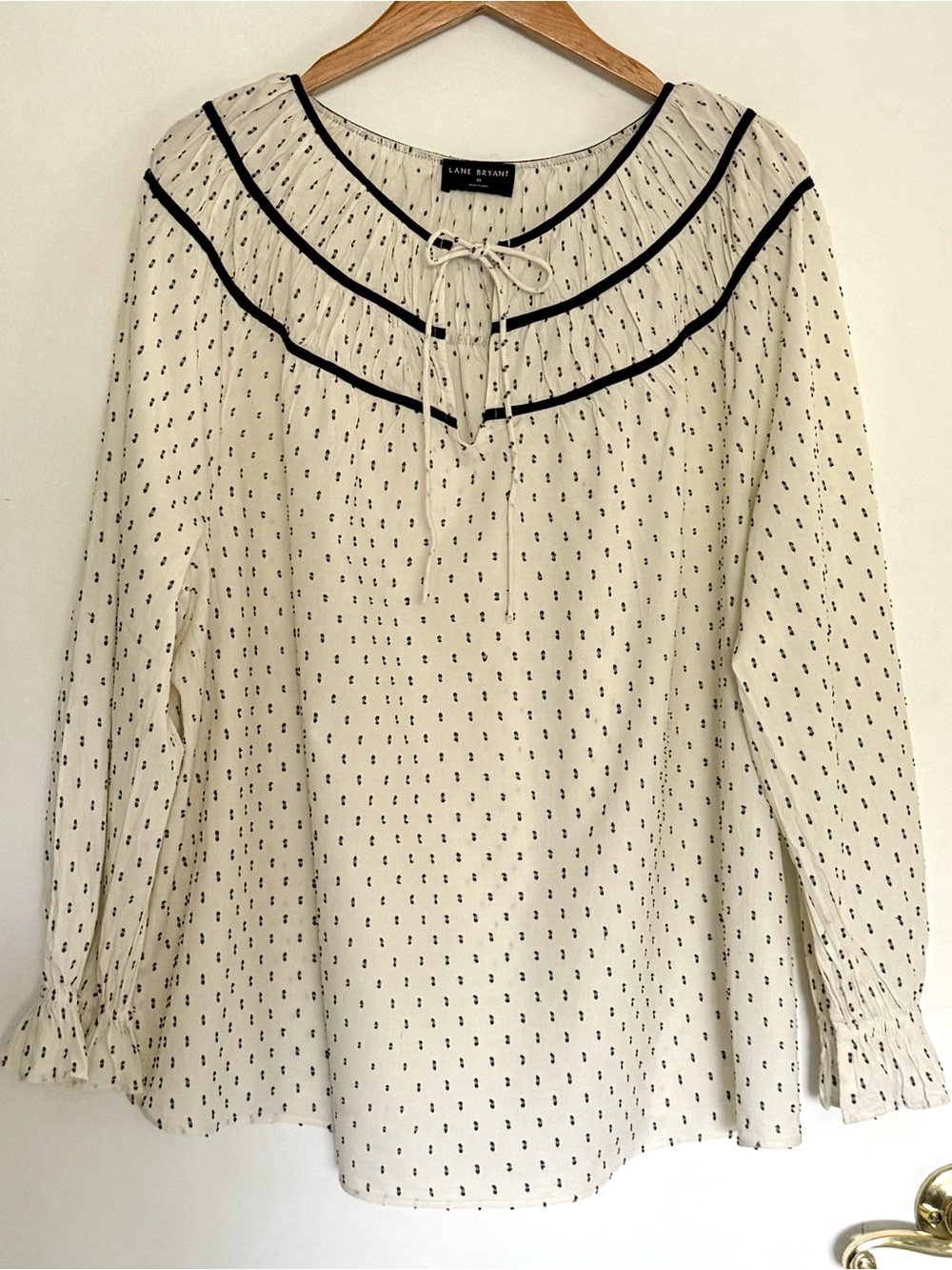 Lane Bryant Cream Peasant Blouse with Black Dot Print and Trim
